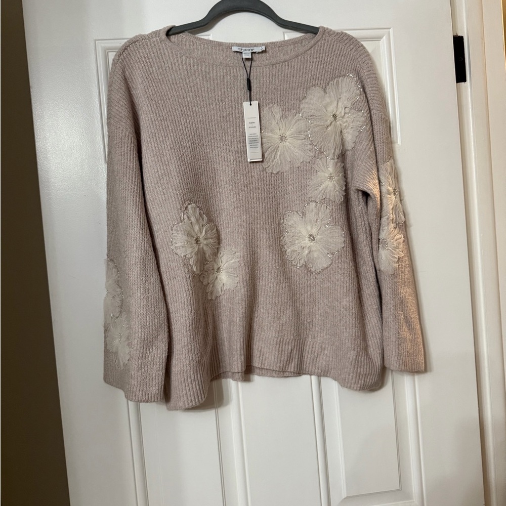Chico's Light Brown Floral Crew Neck Sweater